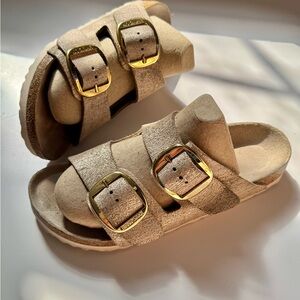 Birkenstock Beige Sandals with Gold Buckles